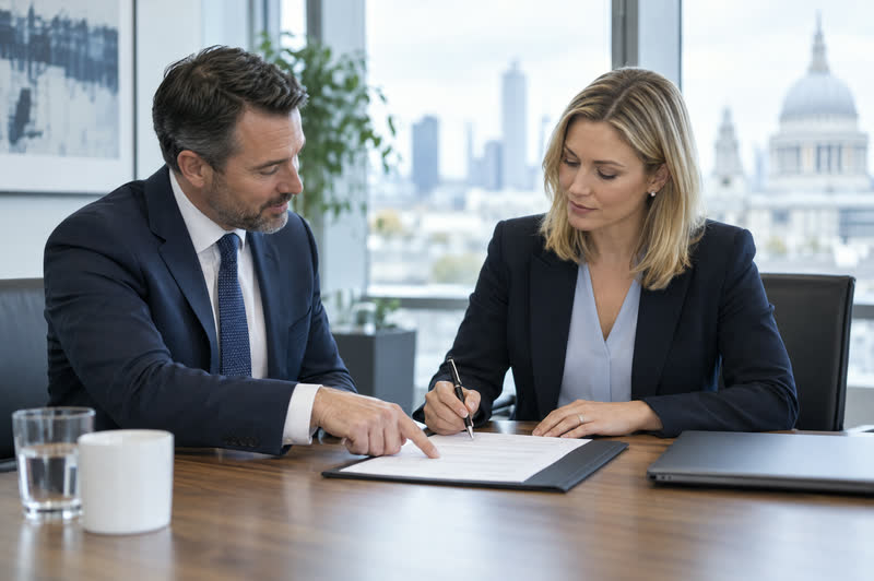 Two colleagues reviewing a supply contract before signing