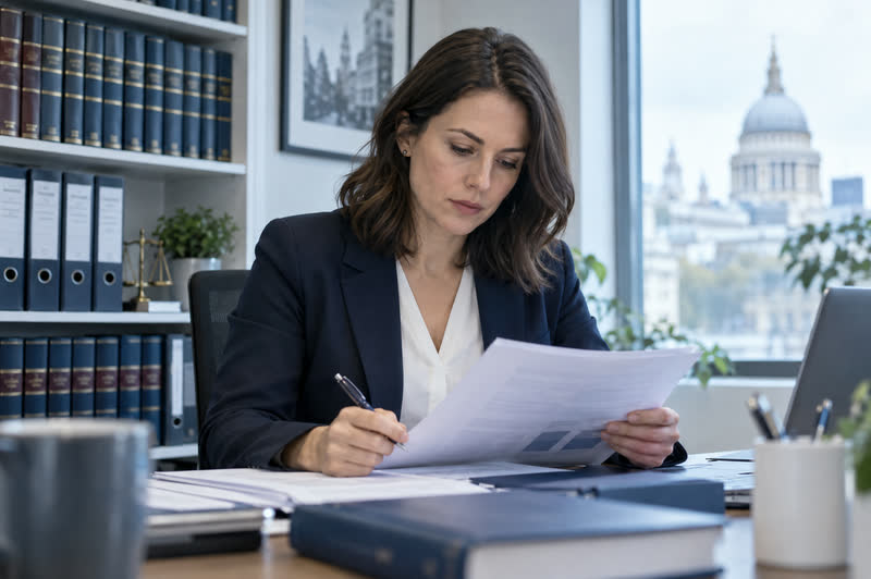 A solicitor reading a company report at her desk