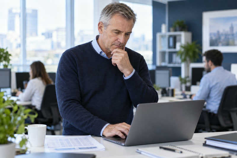 A finance manager checking a customer account on his laptop